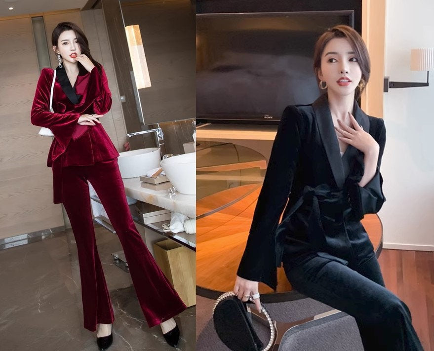 Dark Green/ Red/ Black Velvet Pantsuit, Designer Woman Suit Jacket + boot legs Pants Slim Cut Smart Casual/ Formal/ Party Event/ Gift