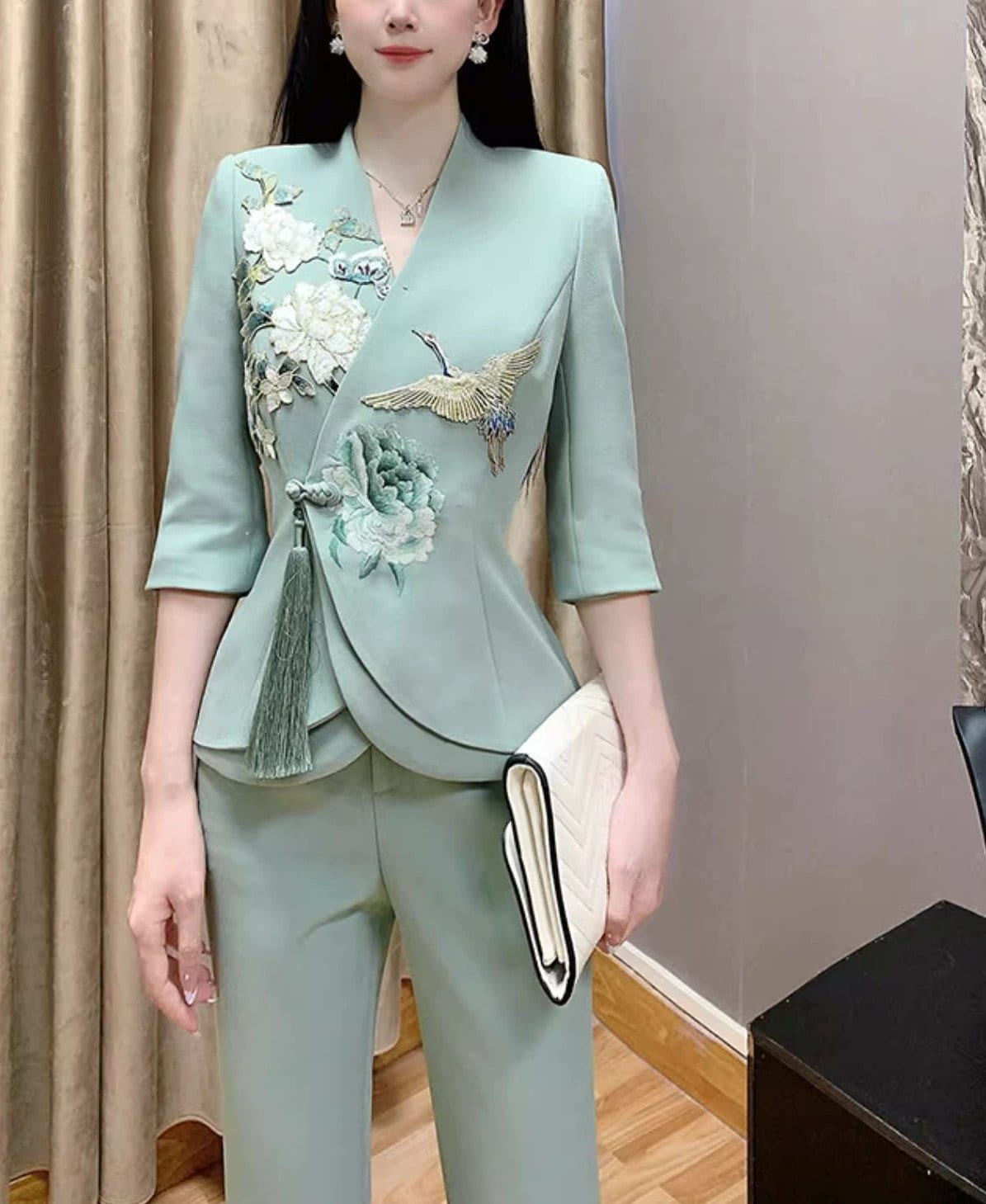 Cranes in forest embroidery pattern suit set women pantsuit modern oriental blazer + pants formal wedding tuxedo cocktail lady wear