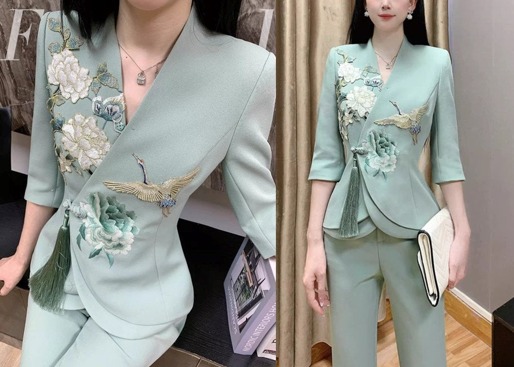 Cranes in forest embroidery pattern suit set women pantsuit modern oriental blazer + pants formal wedding tuxedo cocktail lady wear