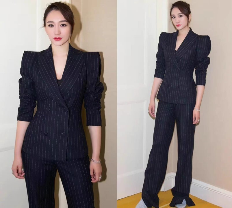 Striped pattern suit set women pantsuit modern pointed shoulder blazer + pants formal wedding tuxedo cocktail lady wear