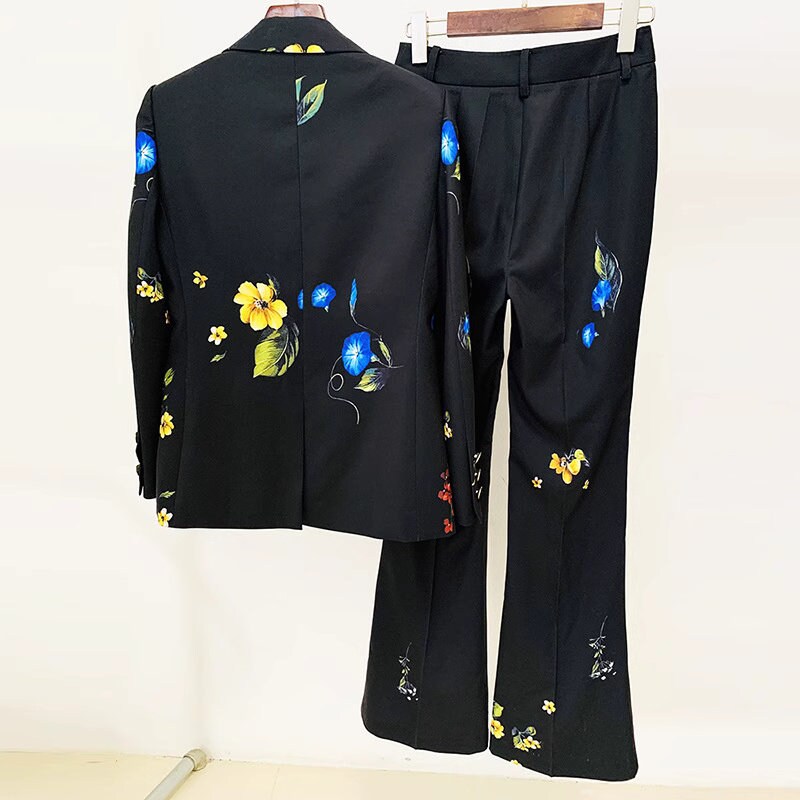 Floral pattern suit set women pantsuit modern catwalk model blazer + pants formal wedding tuxedo cocktail lady wear