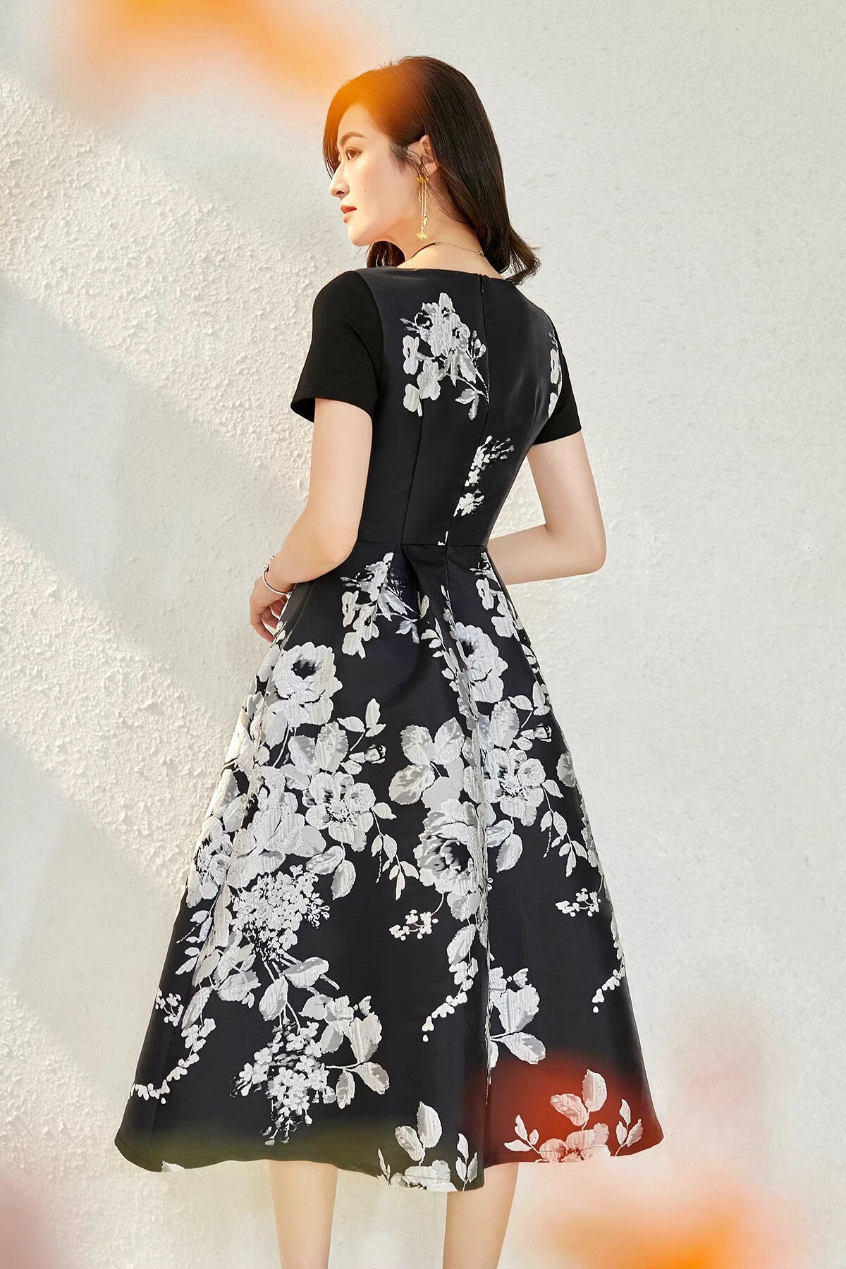 Black Floral Pattern midi dress black/ red, Designer Woman Long dress Satin Elegant Outdoors Event Party Birthday Wedding Gift