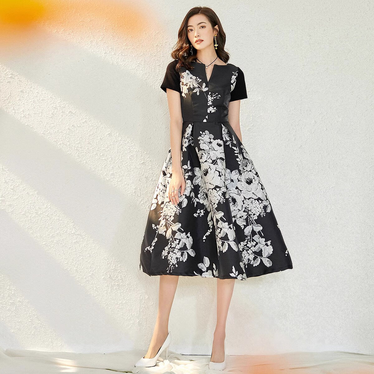 Black Floral Pattern midi dress black/ red, Designer Woman Long dress Satin Elegant Outdoors Event Party Birthday Wedding Gift