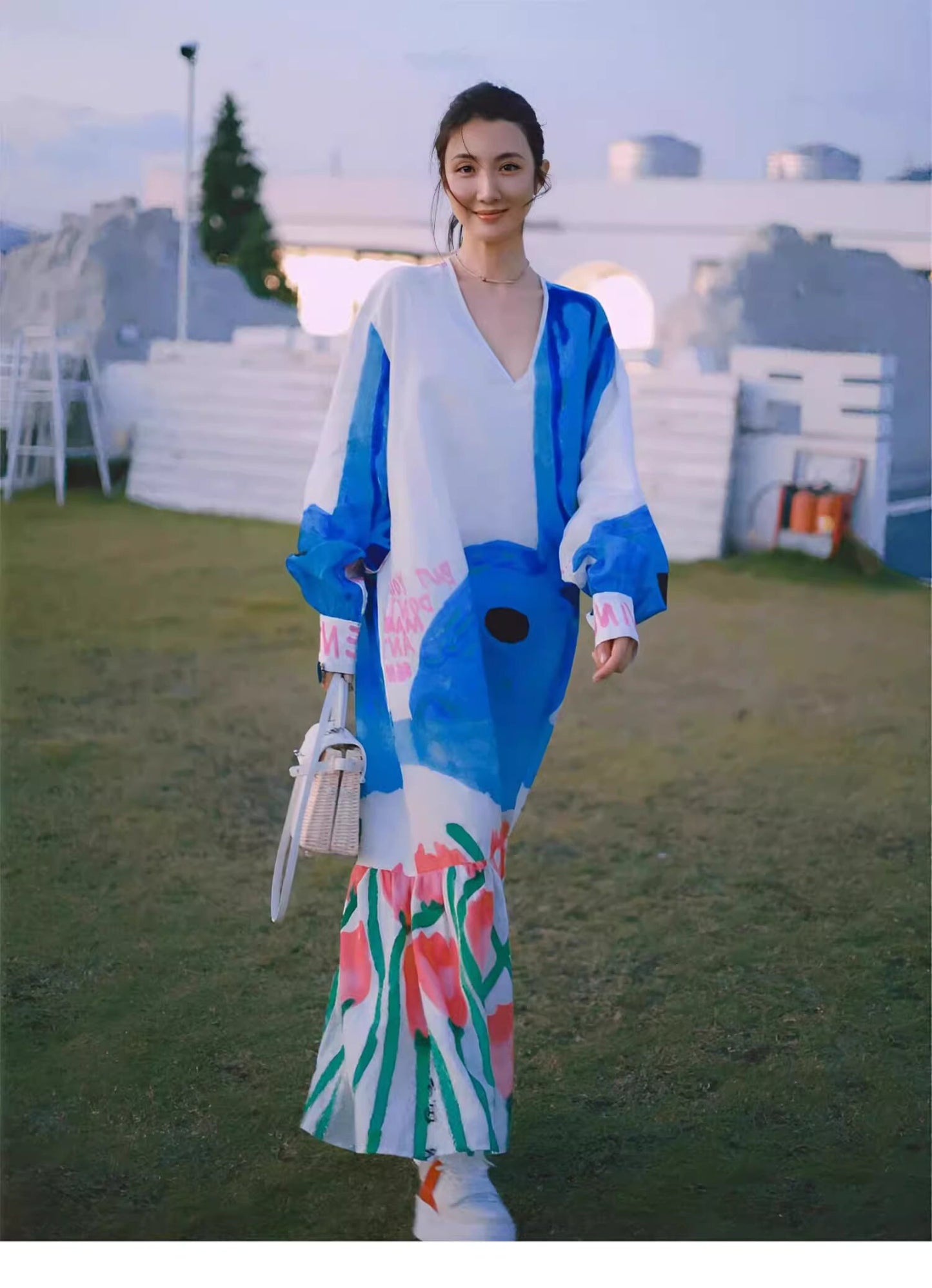 Beach dress blue loose fit one piece holiday everyday dress summer casual wear outdoors painting maxi dress