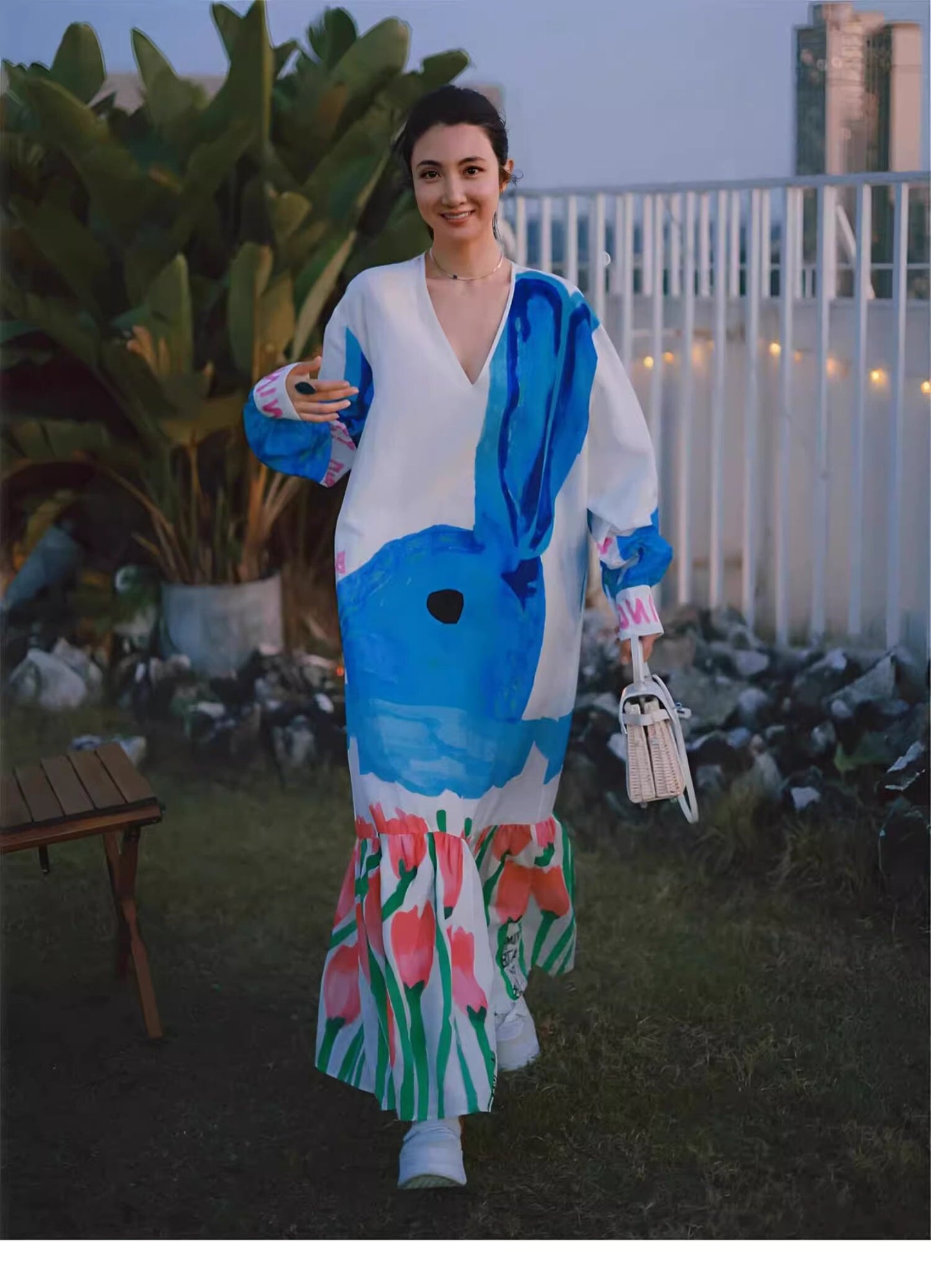 Beach dress blue loose fit one piece holiday everyday dress summer casual wear outdoors painting maxi dress