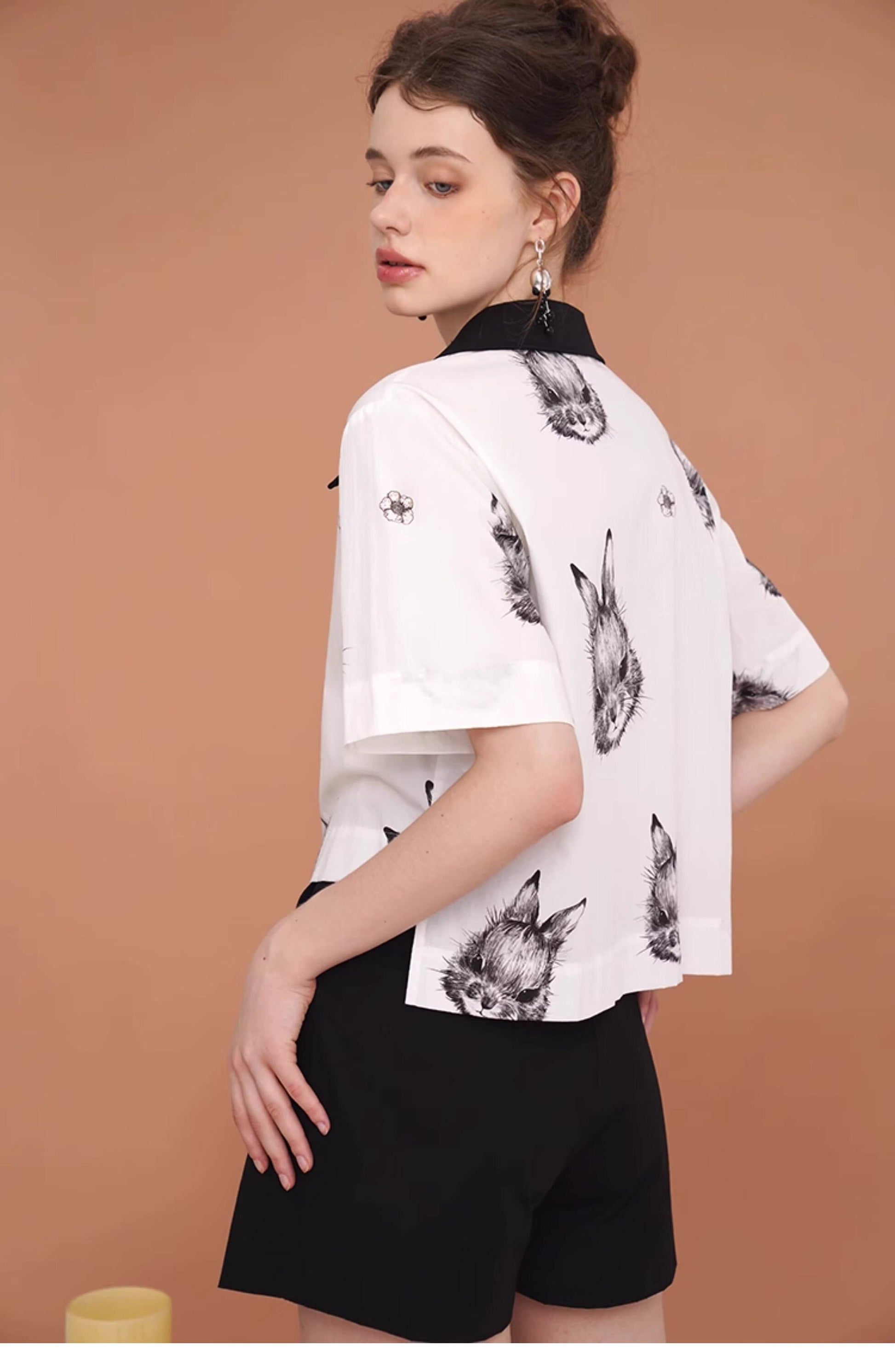 Artistic Woman Blouse Rabbit Print Contrast Color Collar Summer Button Shirt Magical Fairy Party Wedding Event Office Outdoors Casual IG KOL