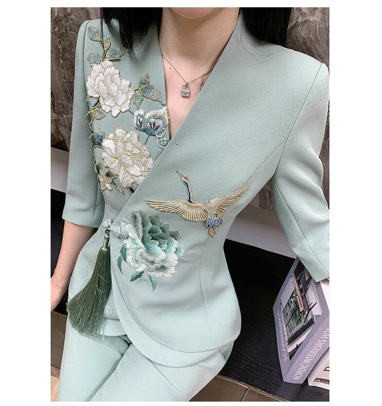 Cranes in forest embroidery pattern suit set women pantsuit modern oriental blazer + pants formal wedding tuxedo cocktail lady wear