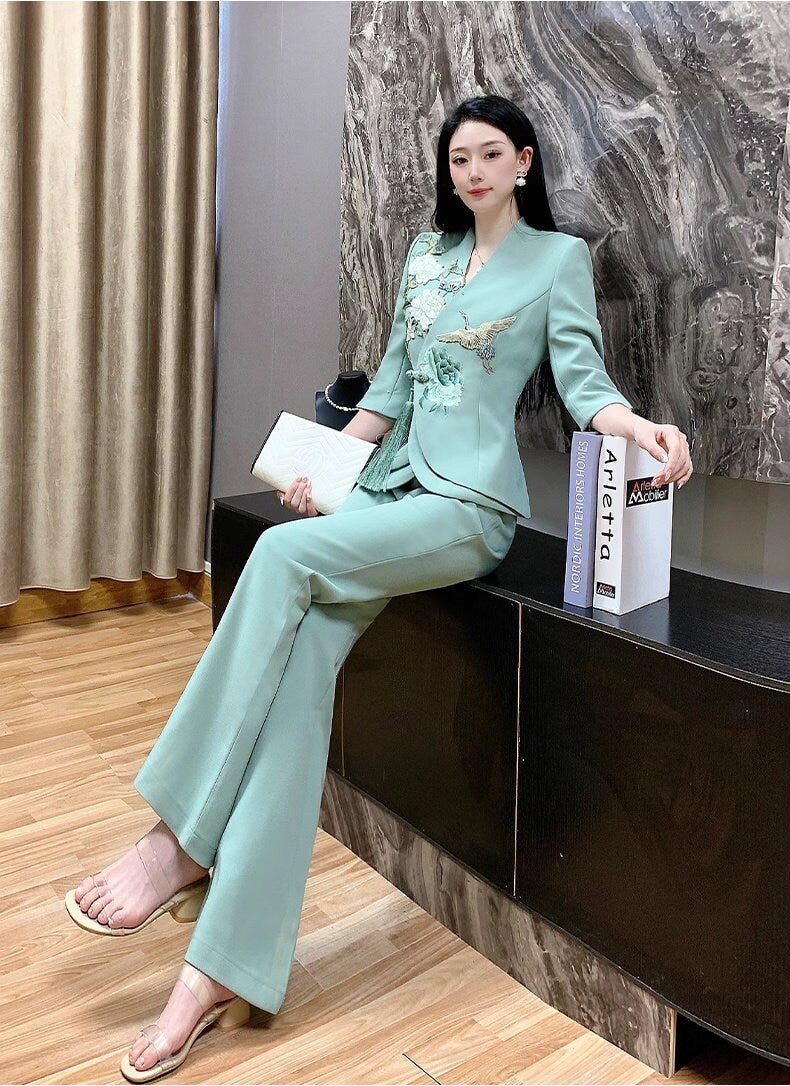 Cranes in forest embroidery pattern suit set women pantsuit modern oriental blazer + pants formal wedding tuxedo cocktail lady wear