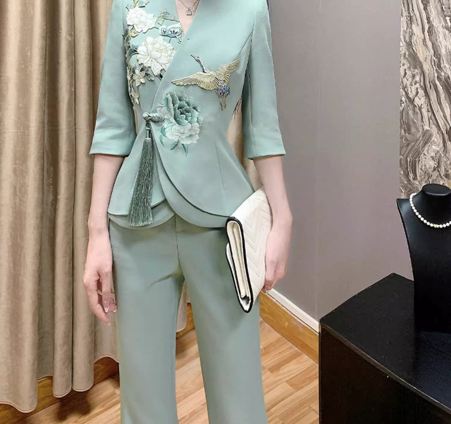 Cranes in forest embroidery pattern suit set women pantsuit modern oriental blazer + pants formal wedding tuxedo cocktail lady wear