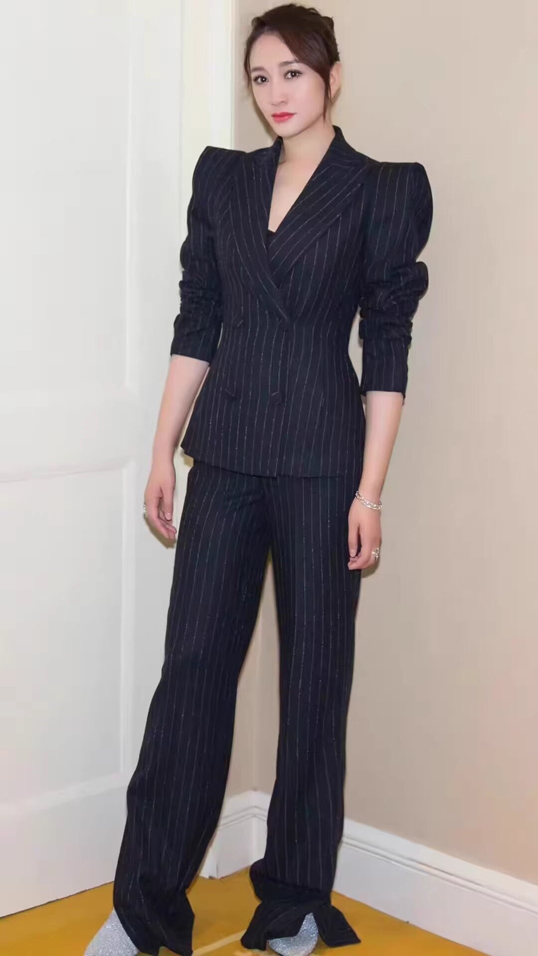 Striped pattern suit set women pantsuit modern pointed shoulder blazer + pants formal wedding tuxedo cocktail lady wear