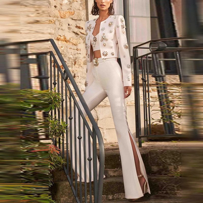 Beaded Embellished Women's Pant Suit, designer women short blazer + open cut pants beads slim cut suit set formal party office wedding