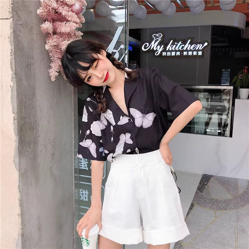 Illustrated Moth & Flower Blouse, Woman Summer Short Sleeves Collared Patter Shirt Casual / Formal Gift for her