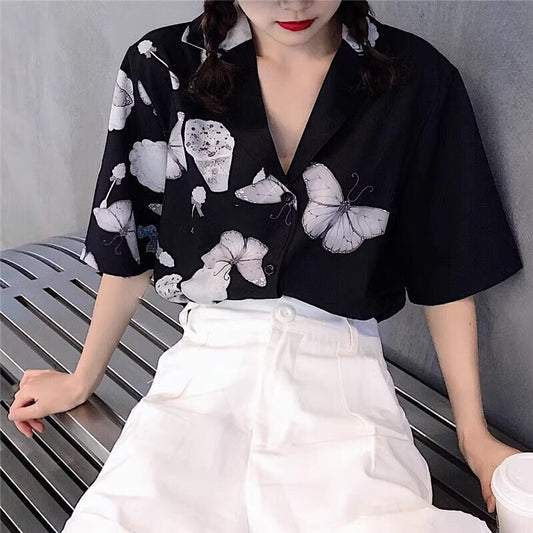 Illustrated Moth & Flower Blouse, Woman Summer Short Sleeves Collared Patter Shirt Casual / Formal Gift for her