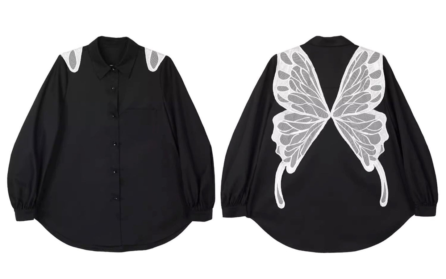 Butterfly Black lace back blouse, designer women elegant shirt fluffy long sleeves smart casual formal office wear party wedding top