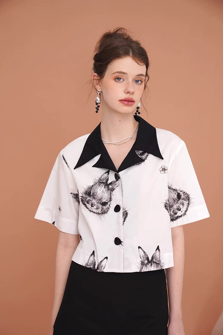 Artistic Woman Blouse Rabbit Print Contrast Color Collar Summer Button Shirt Magical Fairy Party Wedding Event Office Outdoors Casual IG KOL