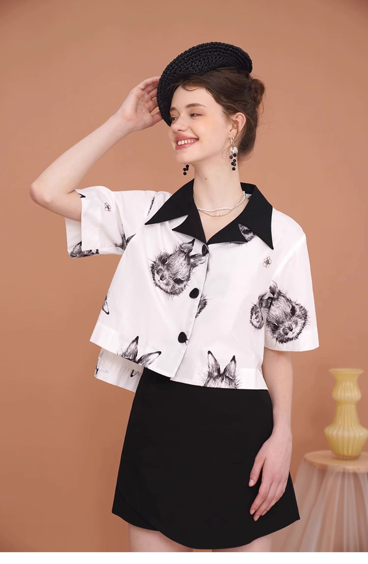 Artistic Woman Blouse Rabbit Print Contrast Color Collar Summer Button Shirt Magical Fairy Party Wedding Event Office Outdoors Casual IG KOL