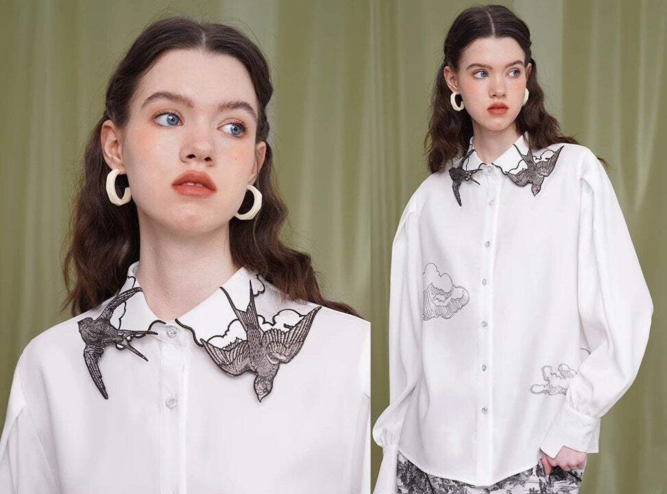 Original women swallow embroidery blouse, designer creative button shirt long sleeve retro top formal smart casual office wedding prom party