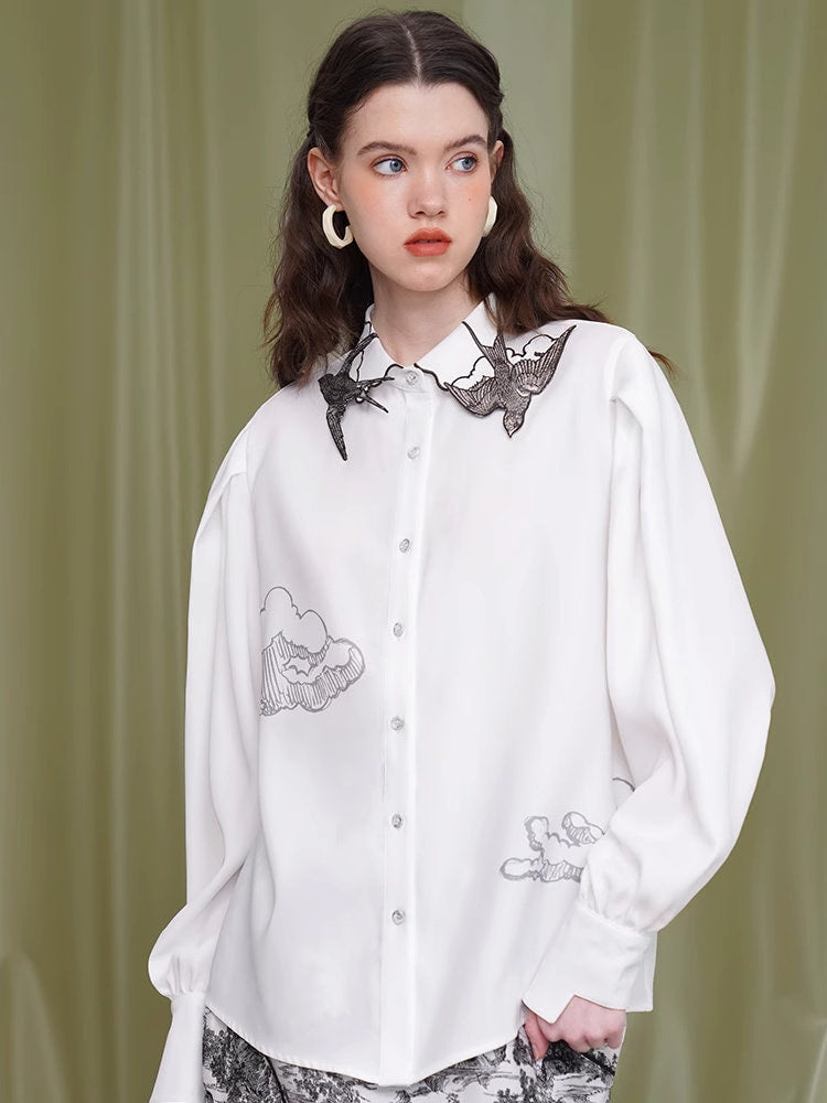 Original women swallow embroidery blouse, designer creative button shirt long sleeve retro top formal smart casual office wedding prom party