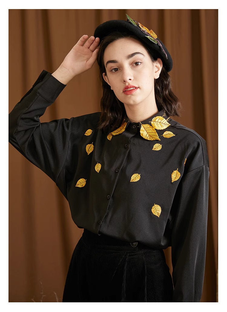 Embroidery Golden leaves collar blouse, women shirt in artistic shirt Smart Causal/ Formal/ Party Event/ Prom Wedding/ Gift