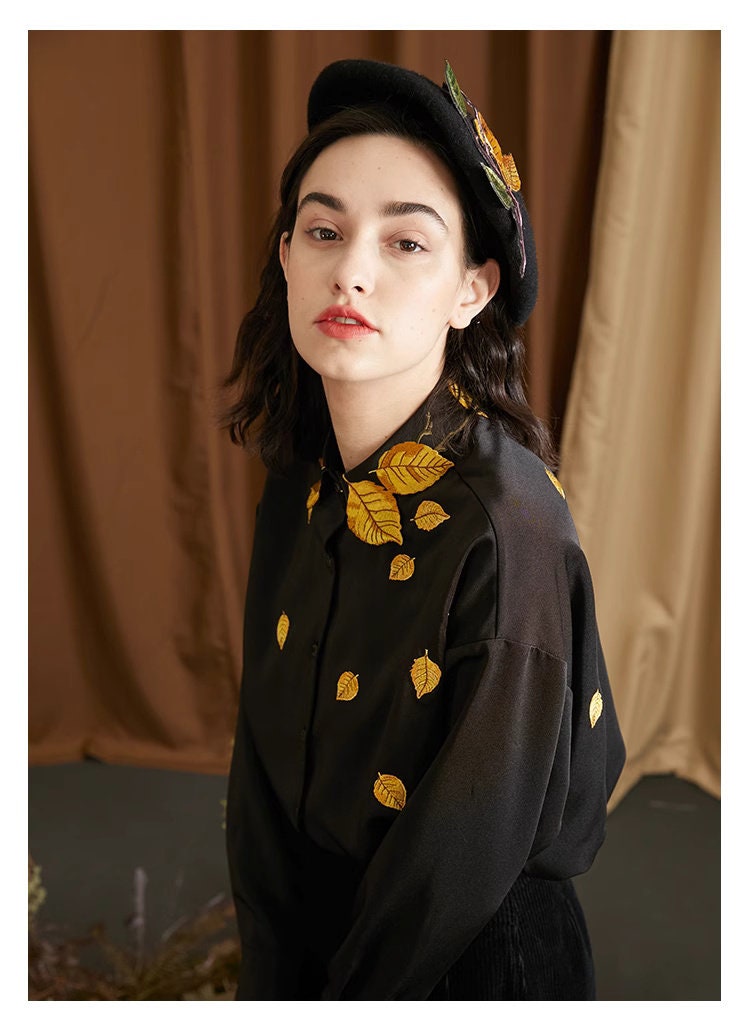 Embroidery Golden leaves collar blouse, women shirt in artistic shirt Smart Causal/ Formal/ Party Event/ Prom Wedding/ Gift