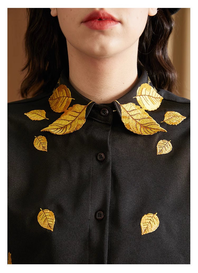 Embroidery Golden leaves collar blouse, women shirt in artistic shirt Smart Causal/ Formal/ Party Event/ Prom Wedding/ Gift