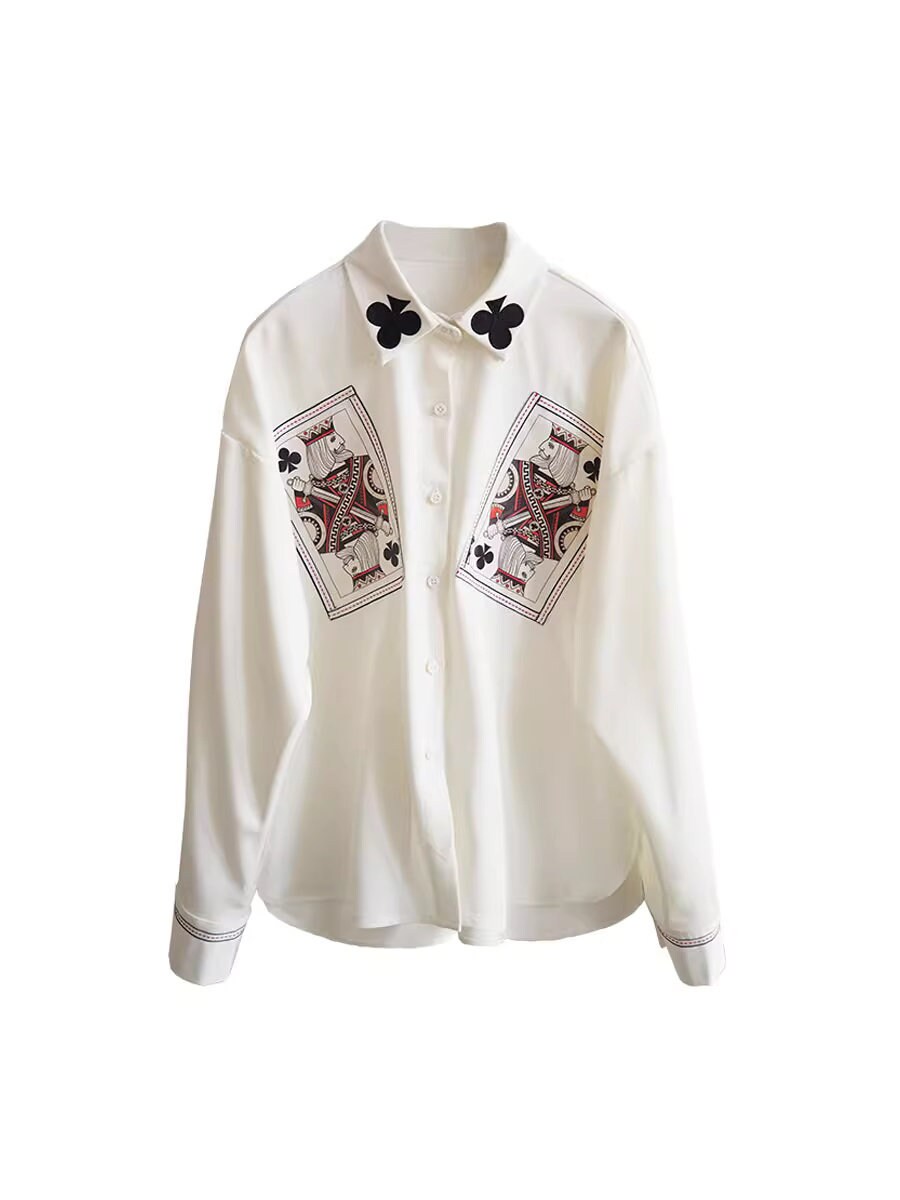 Artistic poker graphics blouse, designer woman loose fit sleeved button shirt smart casual formal office party prom wedding gift