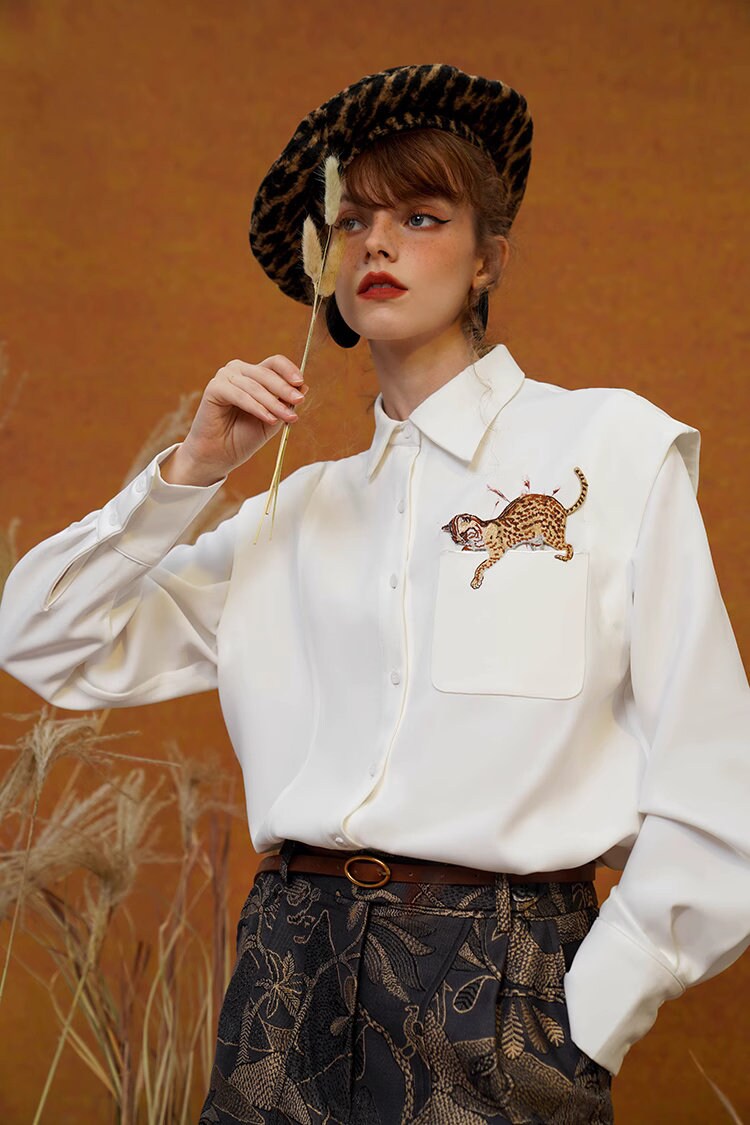 Artistic Woman Blouse Leopard Embroidery Wide shoulder Collar Button Shirt Magical Fairy Party Wedding Event Office Outdoors Casual IG KOL