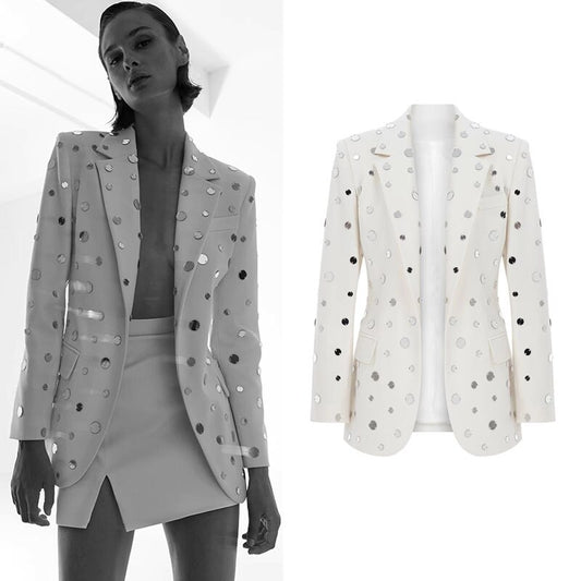 Women's Small Mirrors Decoration White Fitted Blazer Jacket, Performance costume, Wedding Ceremonies, Formal Event, Party Costume, Prom