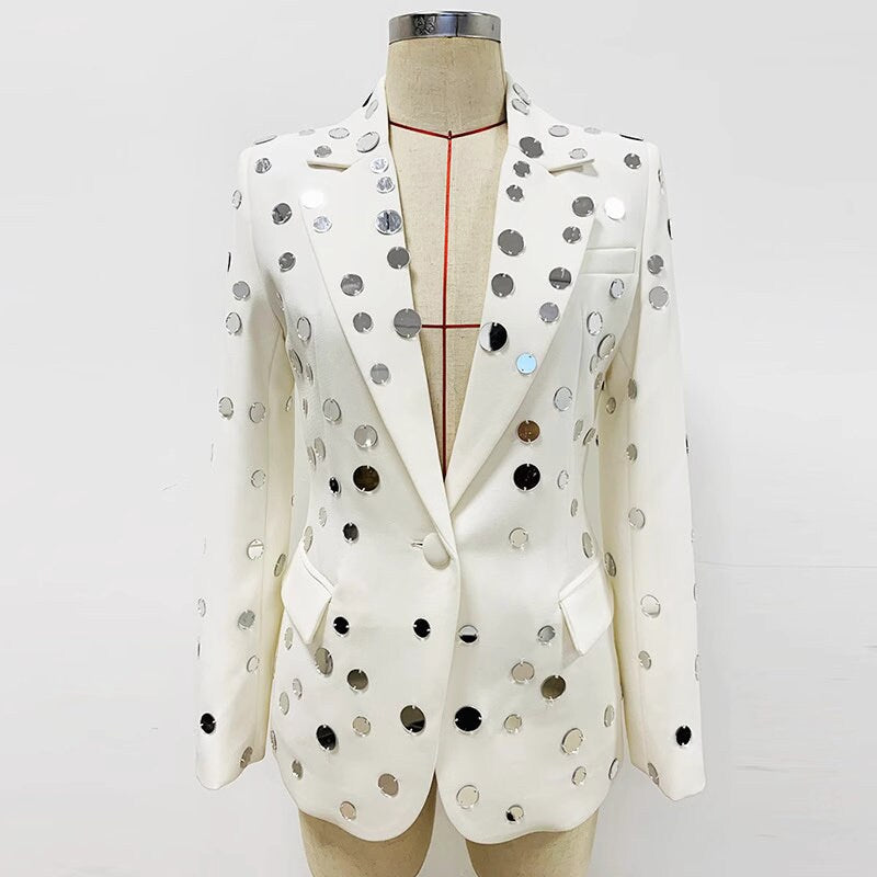 Women's Small Mirrors Decoration White Fitted Blazer Jacket, Performance costume, Wedding Ceremonies, Formal Event, Party Costume, Prom