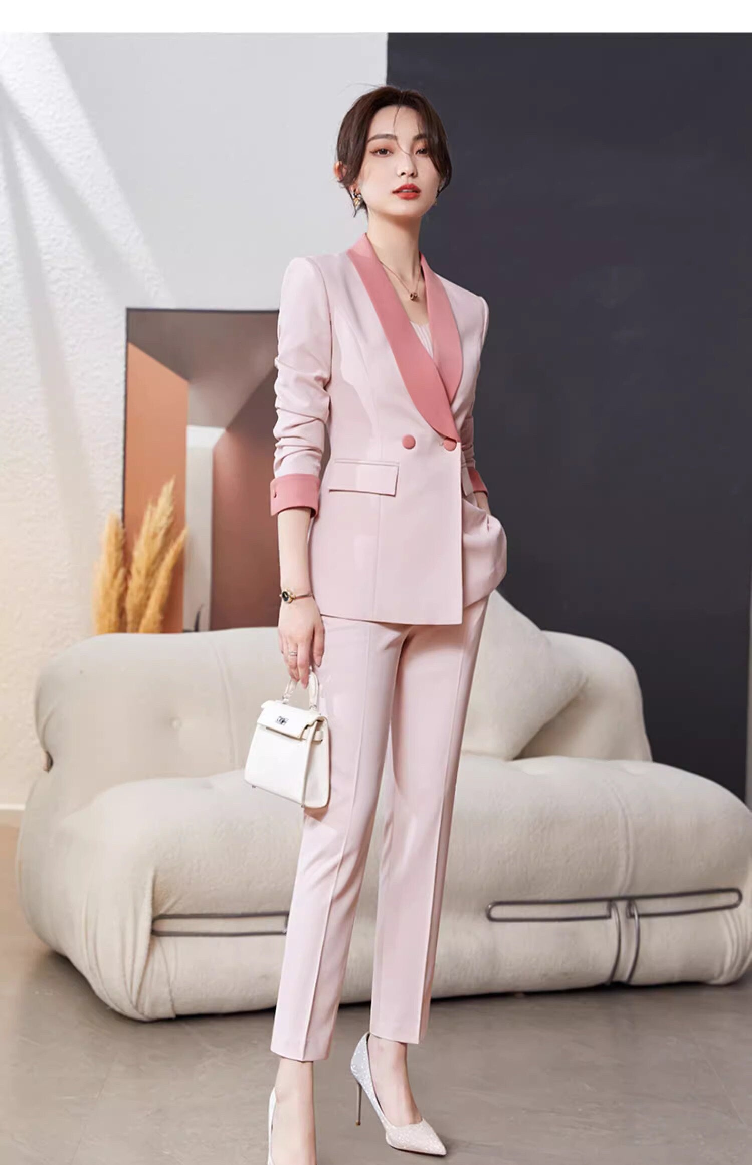 Pink/ Orange wide collar pantsuit/ dress suit/ designer woman formal suit set, office blazer pants/dress wedding tuxedo cocktail lady wear