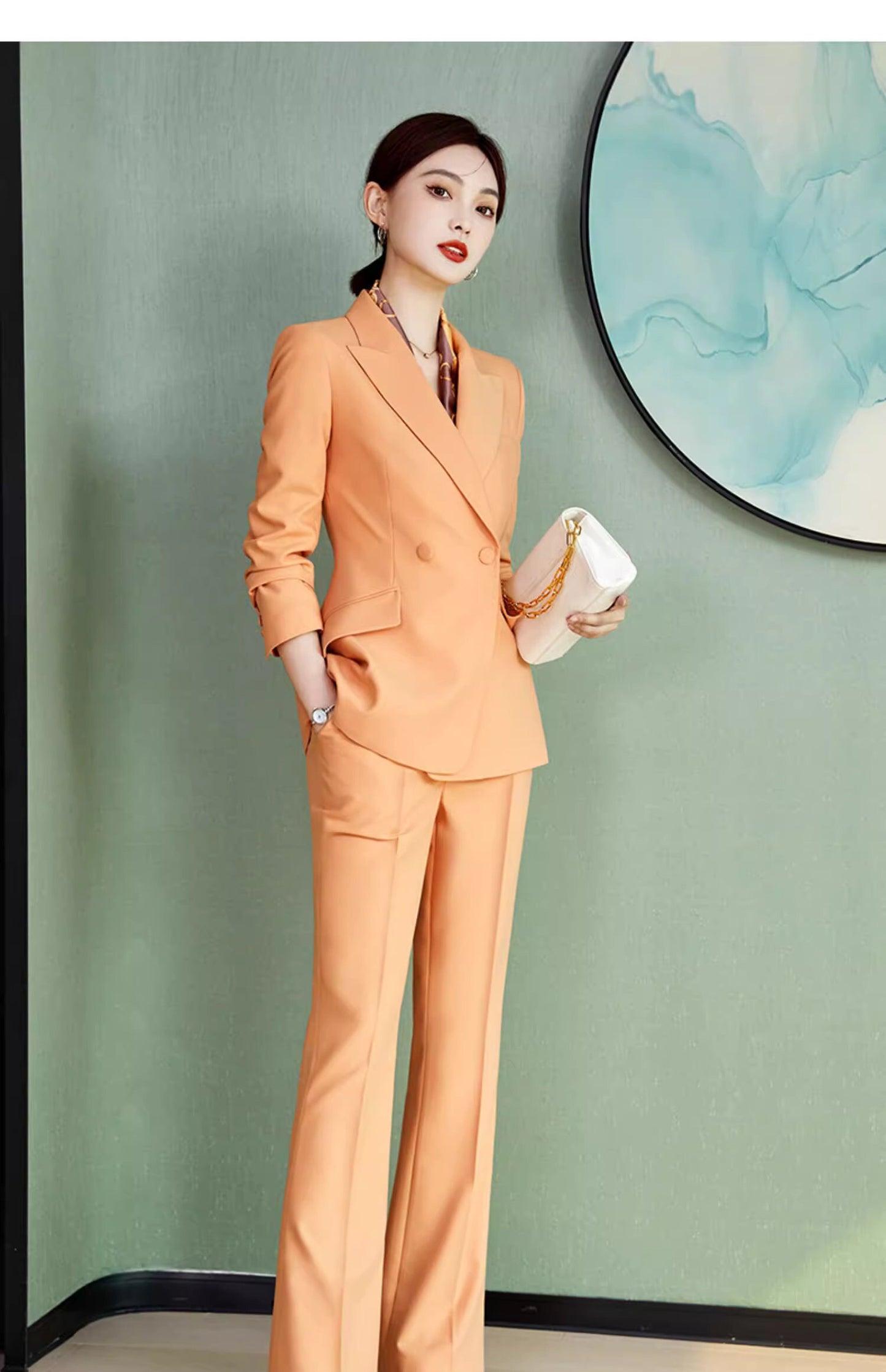 Pink/Orange/Black pantsuit, designer woman formal suit set, Office blazer + wide legs pants formal wedding tuxedo cocktail lady wear