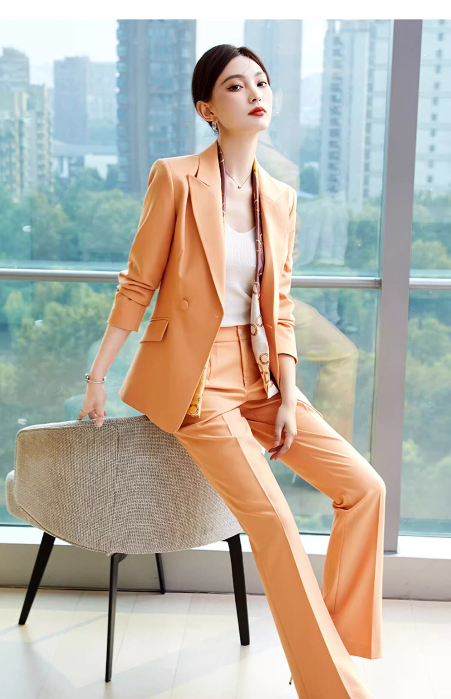 Pink/Orange/Black pantsuit, designer woman formal suit set, Office blazer + wide legs pants formal wedding tuxedo cocktail lady wear