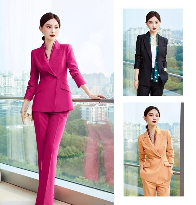 Pink/Orange/Black pantsuit, designer woman formal suit set, Office blazer + wide legs pants formal wedding tuxedo cocktail lady wear