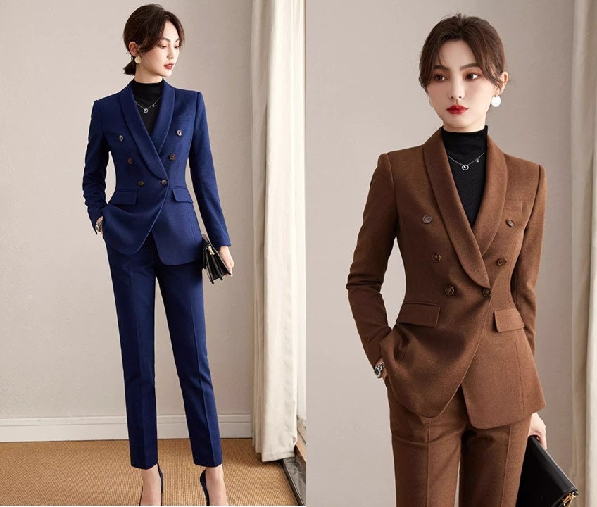 Brown/ Dark blue winter pantsuit, designer woman formal suit set, Office blazer + slim cut pants formal wedding tuxedo cocktail lady wear