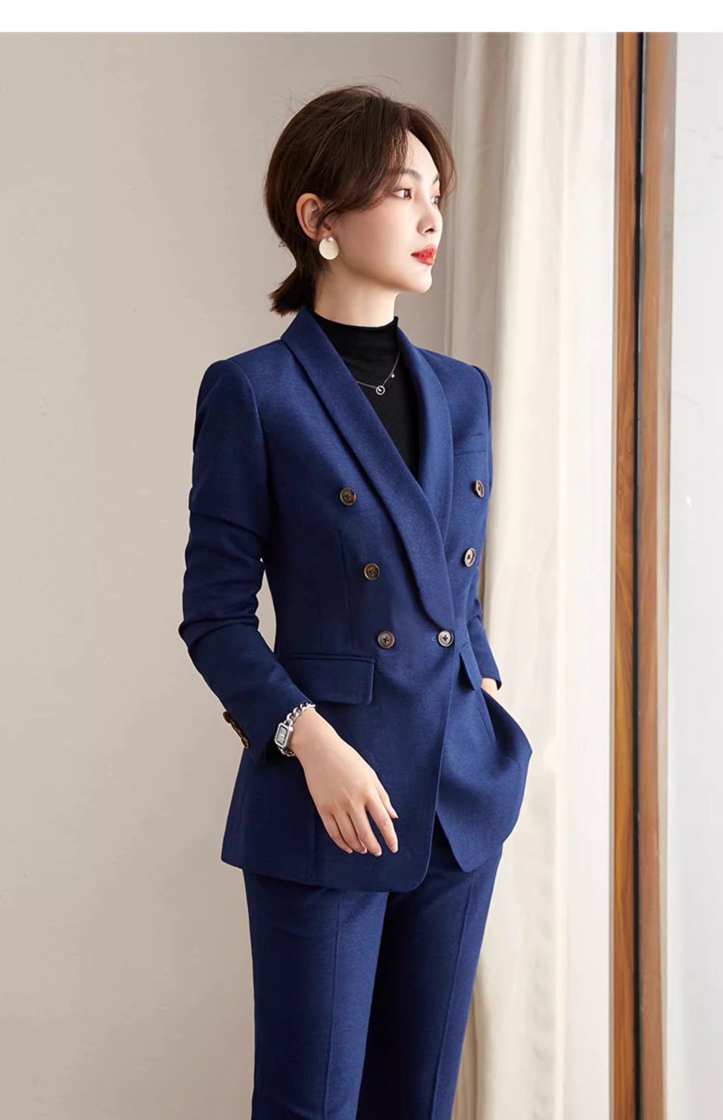 Brown/ Dark blue winter pantsuit, designer woman formal suit set, Office blazer + slim cut pants formal wedding tuxedo cocktail lady wear