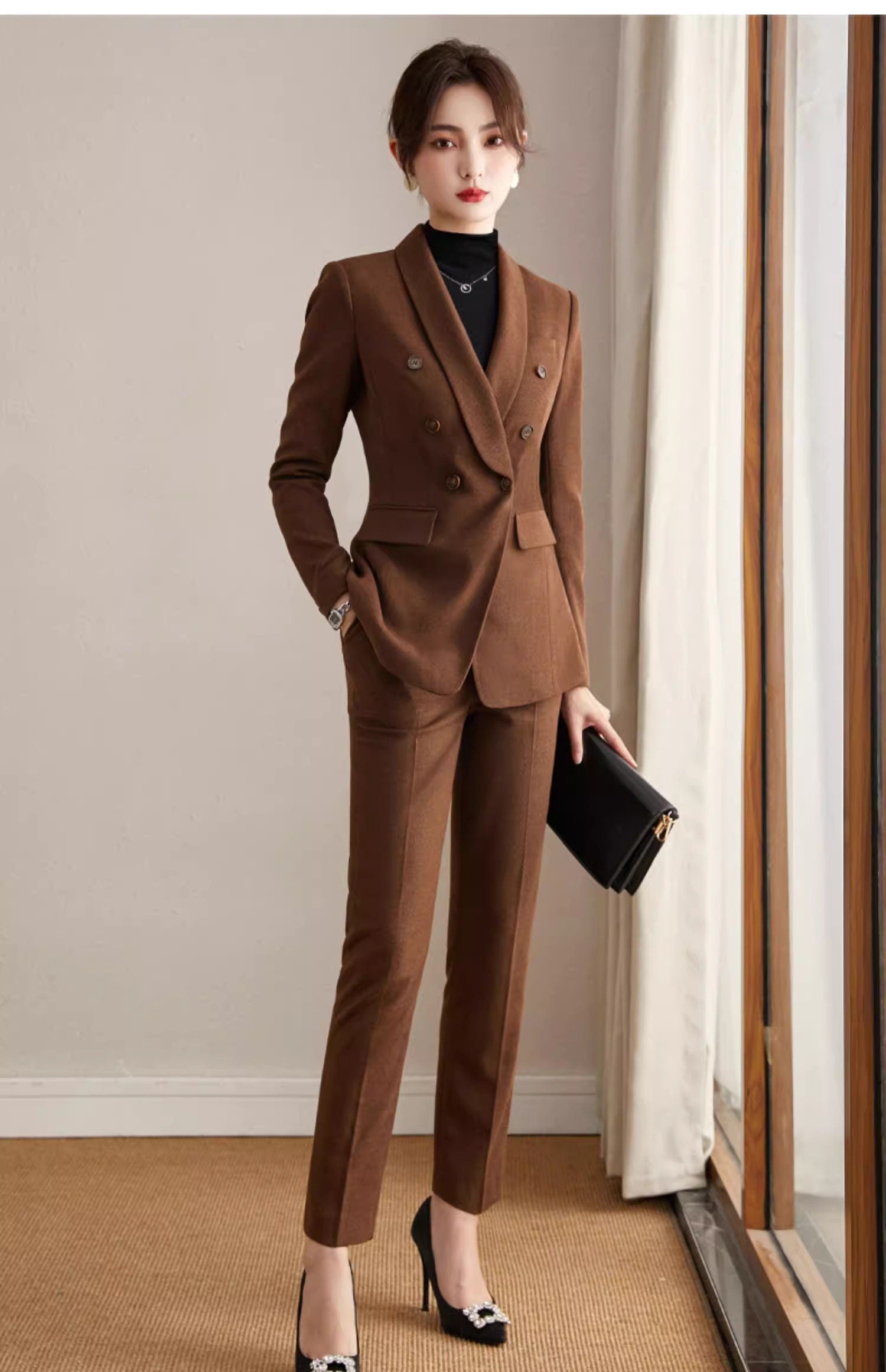 Brown/ Dark blue winter pantsuit, designer woman formal suit set, Office blazer + slim cut pants formal wedding tuxedo cocktail lady wear