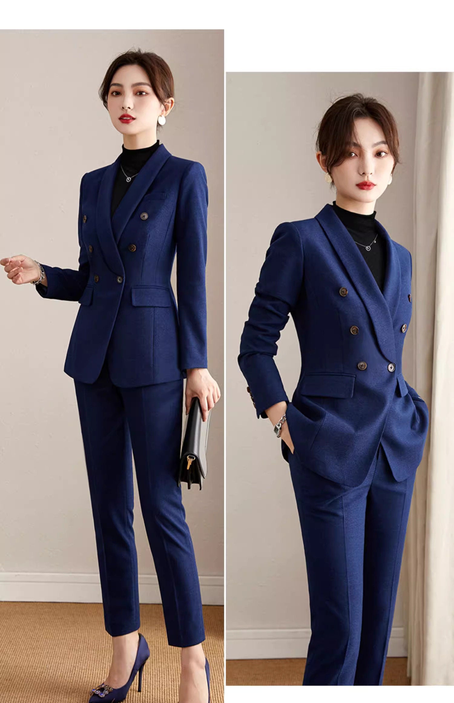 Brown/ Dark blue winter pantsuit, designer woman formal suit set, Office blazer + slim cut pants formal wedding tuxedo cocktail lady wear