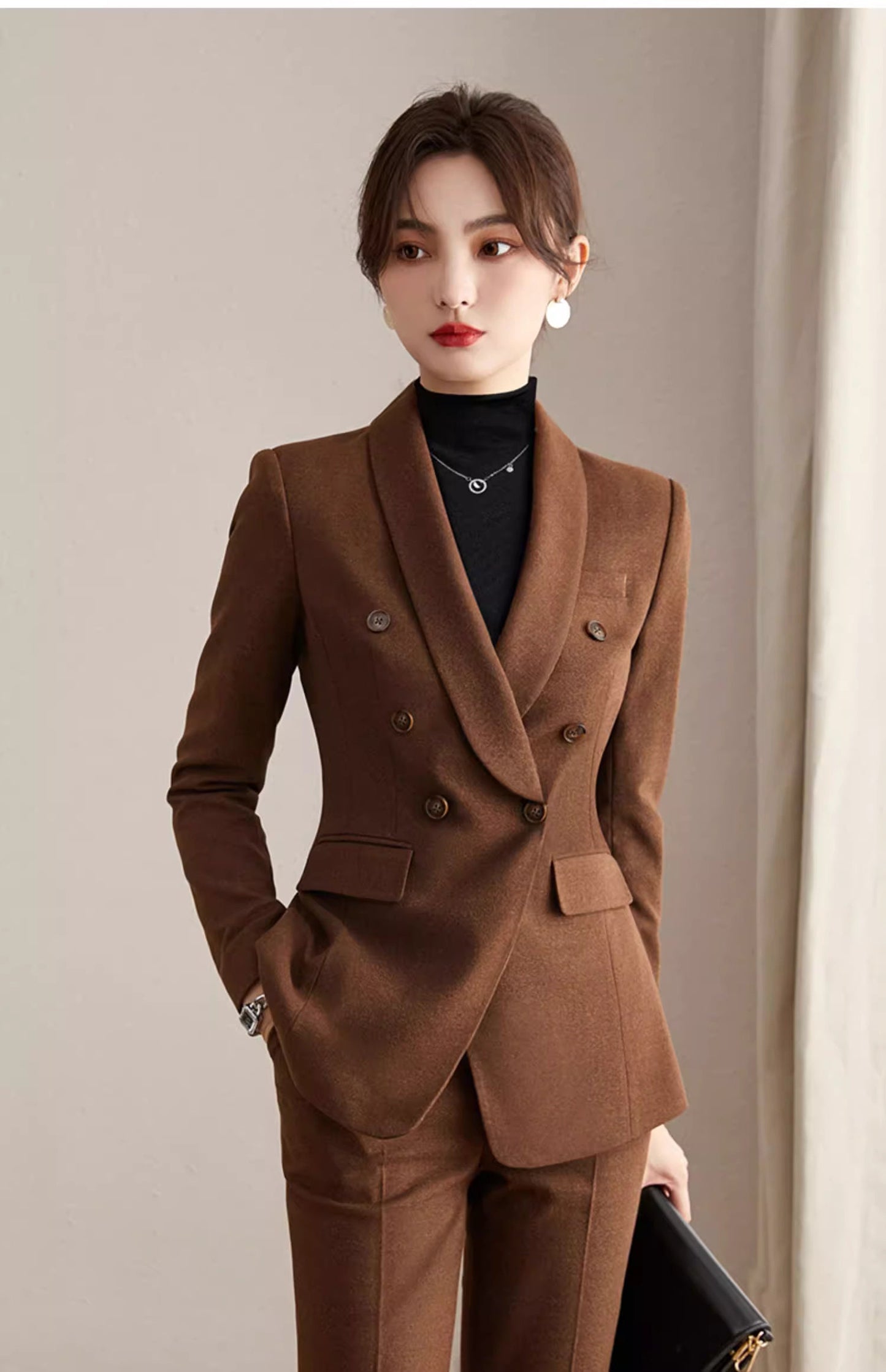 Brown/ Dark blue winter pantsuit, designer woman formal suit set, Office blazer + slim cut pants formal wedding tuxedo cocktail lady wear