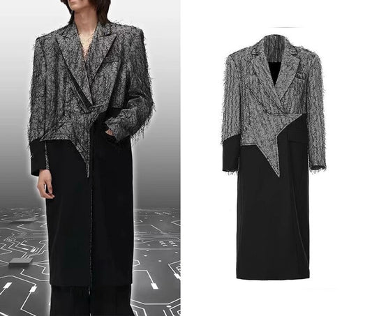 Star symbol patchwork women coat, designer smart casual trench coat modern long jacket all seasons party event wedding office wear