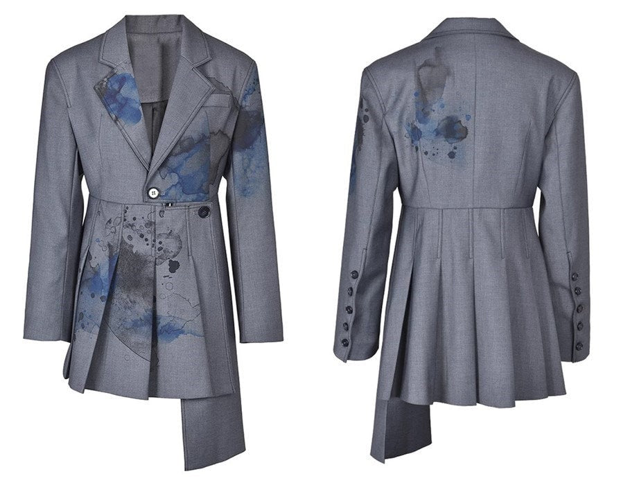 Tie Dyed Gray long blazer, designer woman suit jacket pattern short dress suit smart casual wear formal jacket office event wear