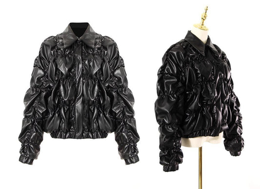 Black wrinkled PU leather jacket, designer women modern bomber parka collared ruffles long sleeved fashion top casual wear