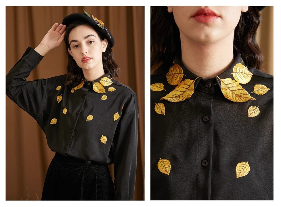 Embroidery Golden leaves collar blouse, women shirt in artistic shirt Smart Causal/ Formal/ Party Event/ Prom Wedding/ Gift