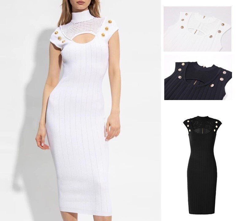 Women slim cut sexy cut dress knitwear long dress over knee dress white/ black prom dress party cocktail wedding