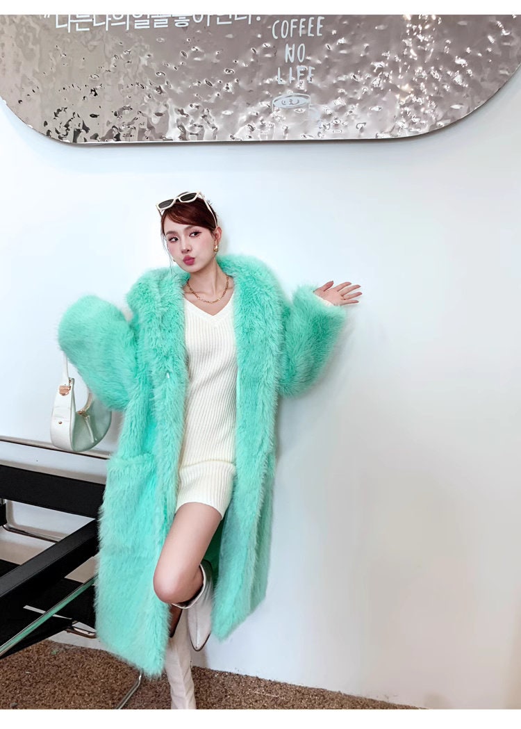 Furry faux fur pink/green coat with rabbit ear hood, rave punk goth cozy top party clubwear unique designer outdoors kpop style trench coat