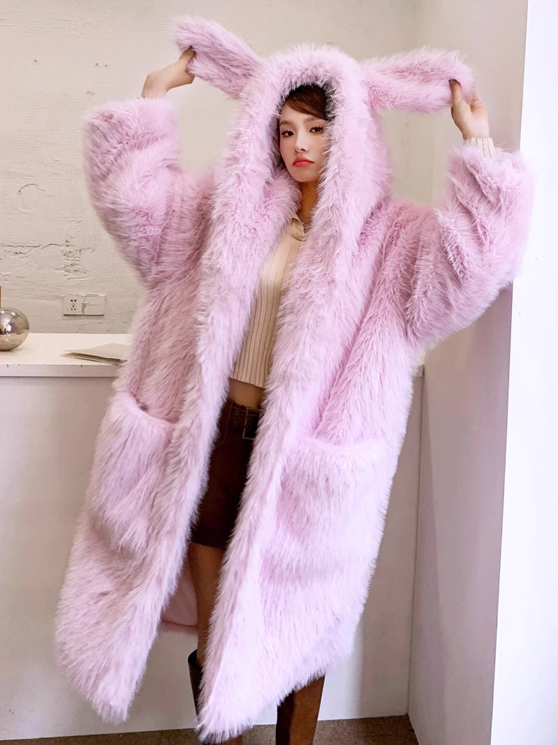 Furry faux fur pink/green coat with rabbit ear hood, rave punk goth cozy top party clubwear unique designer outdoors kpop style trench coat