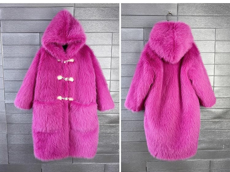 Furry faux fur purple coat with hood, rave punk goth cozy plur top party clubwear unique designer outdoors kpop style trench coat