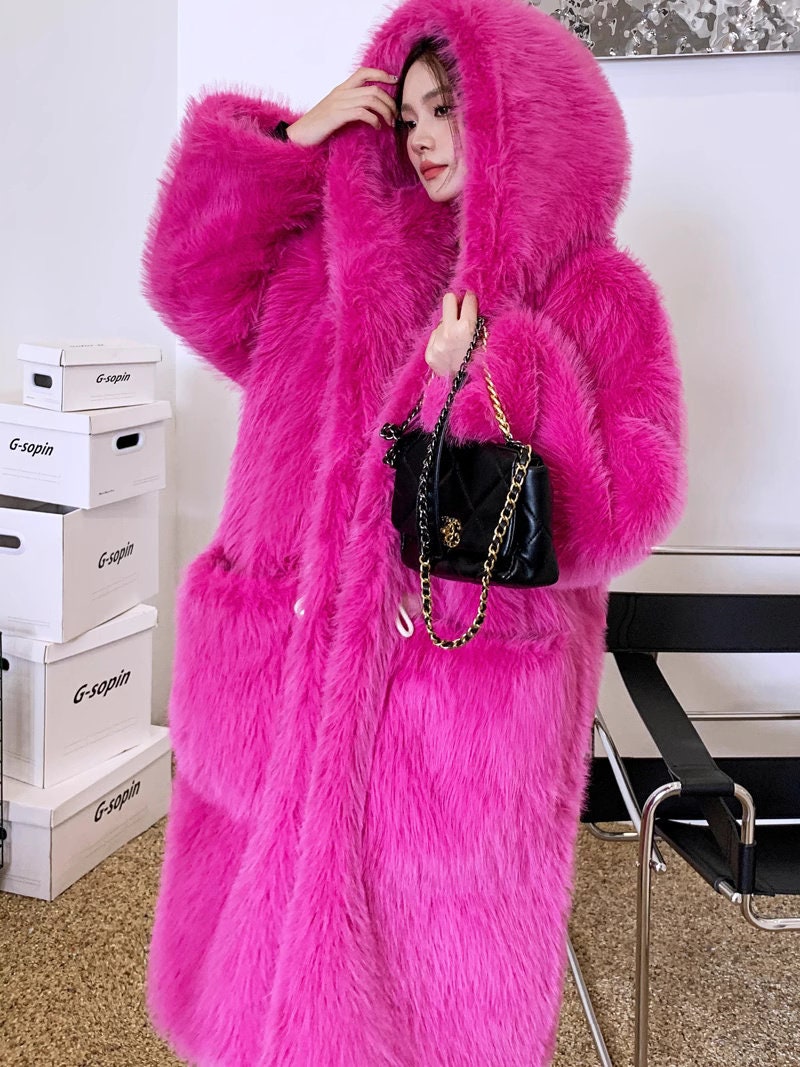 Furry faux fur purple coat with hood, rave punk goth cozy plur top party clubwear unique designer outdoors kpop style trench coat