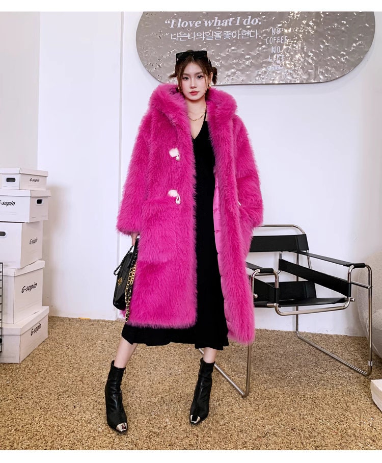 Furry faux fur purple coat with hood, rave punk goth cozy plur top party clubwear unique designer outdoors kpop style trench coat