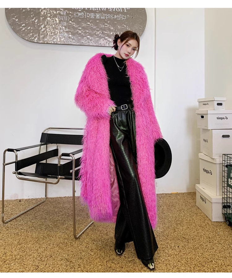 Furry faux fur pink/ green trench coat, rave punk goth cozy plur top party clubwear unique designer outdoors kpop style duster