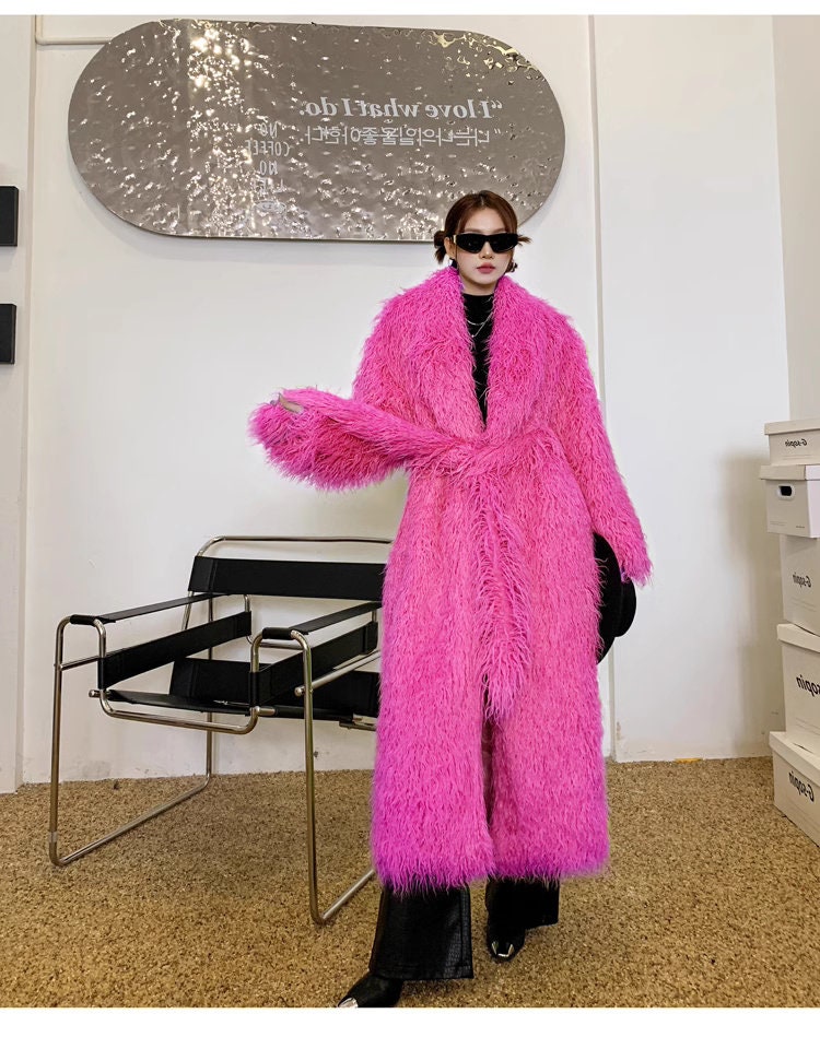 Furry faux fur pink/ green trench coat, rave punk goth cozy plur top party clubwear unique designer outdoors kpop style duster